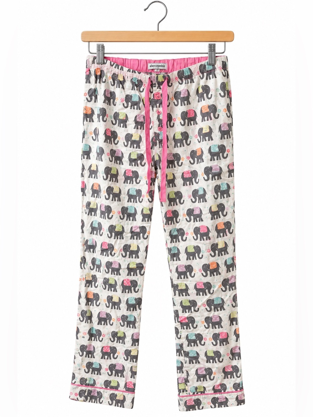 Women's White Elephant-Print Pajama Pants with Pink Trim
